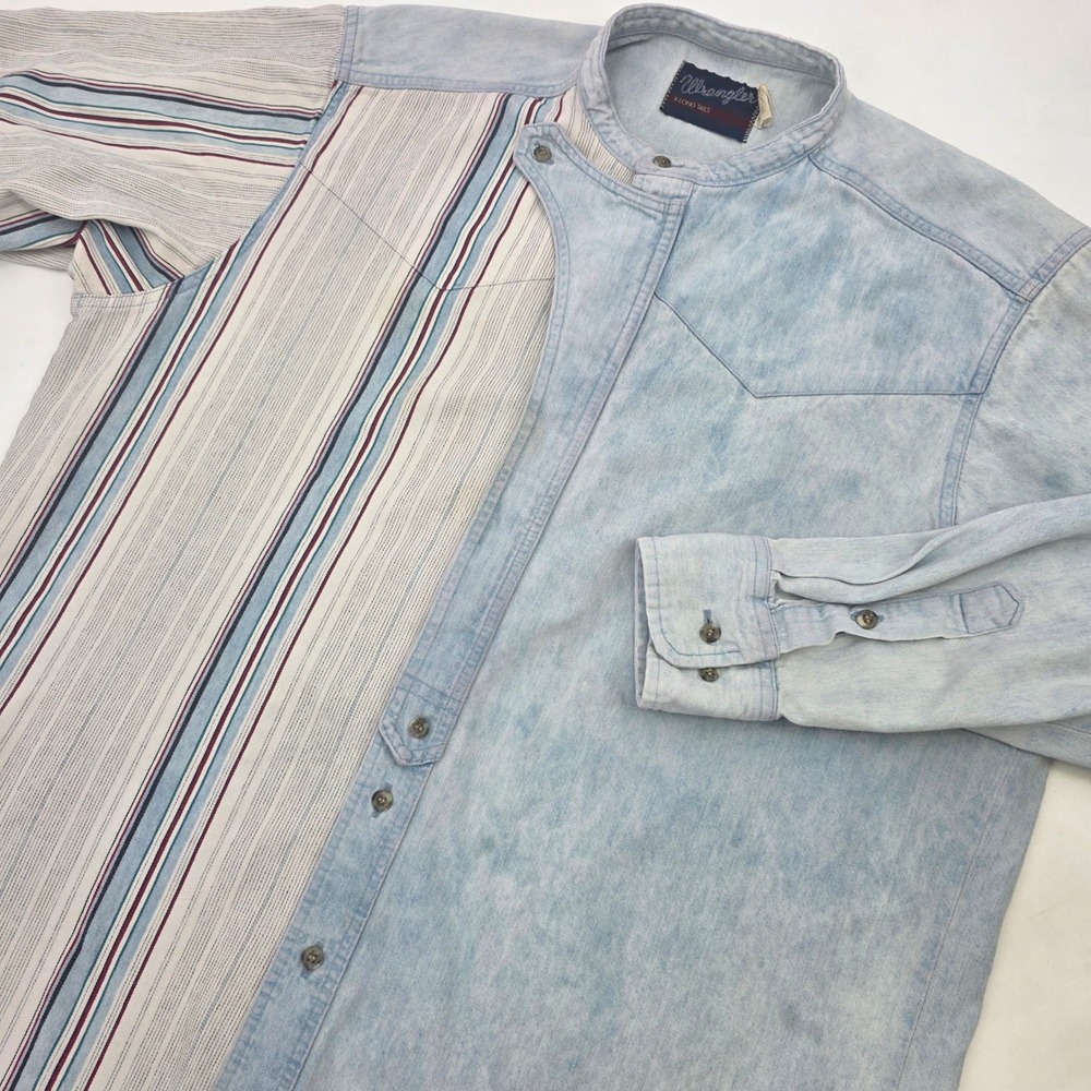 VINTAGE WRANGLER X-LONG TAILS SHIRT MENS XL ASYMMETRICAL MIXED MEDIA DENIM RARE